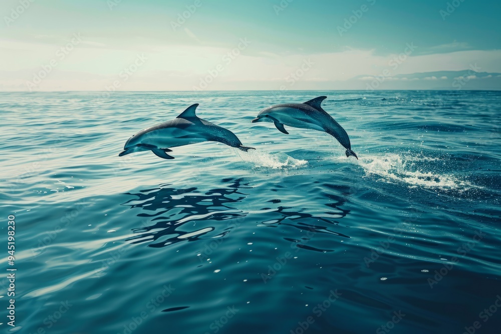 Obraz premium Two dolphins leap joyfully above calm ocean waters. Their playful dance showcases the beauty of marine life. A perfect image for nature lovers. Generative AI