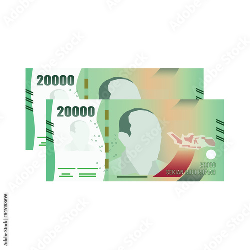 Set of Indonesia banknotes money front side of 20000 rupiah simple flat illustration.