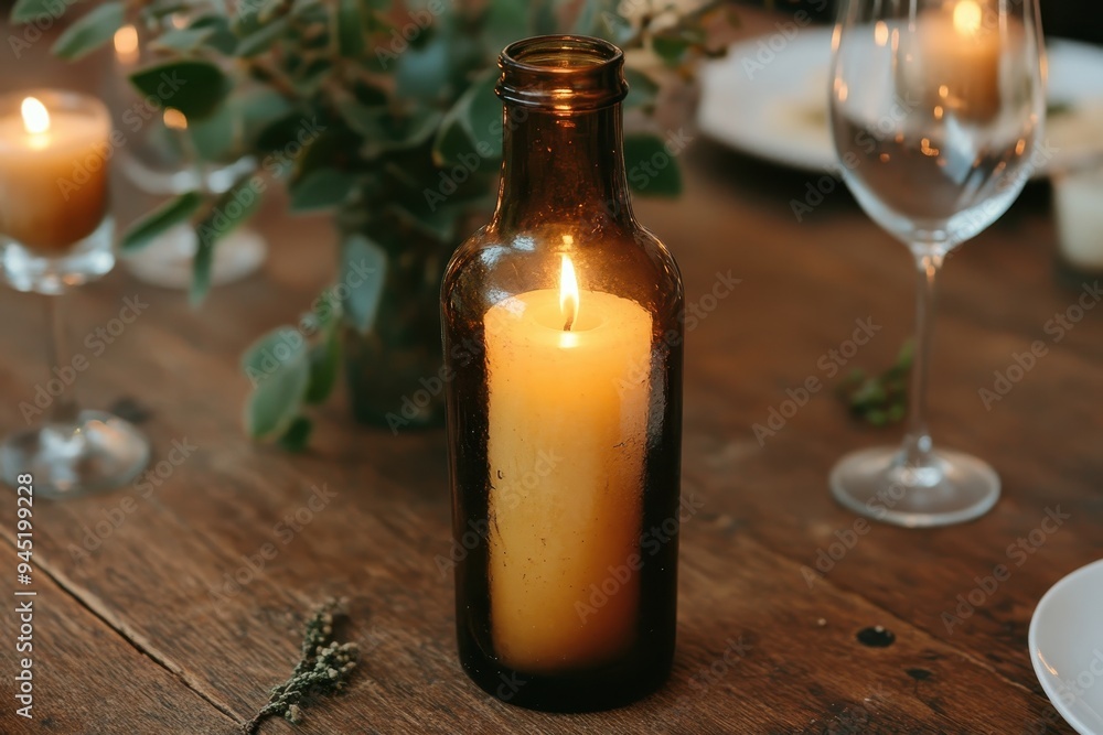 Cozy candlelit evening with rustic vibes and warm ambiance at dinner table Cozy candlelit evening with rustic vibes and warm ambiance at dinner table