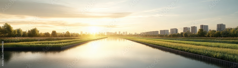 Obraz premium Serene Urban Oasis: Watercolor Floating Garden in City Canal