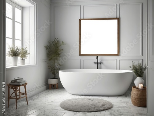 Modern Bathroom with White Tub and Plants