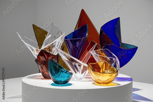 Stunning Three Dimensional Multi Colored Glass Art Featuring Mesmerizing Fractured Geometries on Clear Background photo