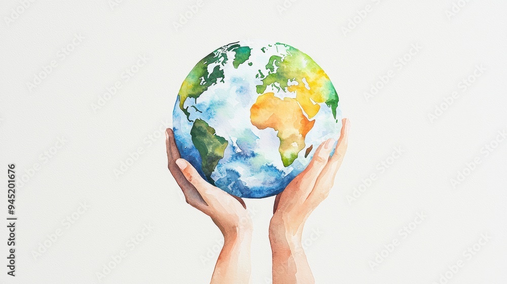 World globe with hands holding it gently, symbolizing unity, gentle brush strokes, Watercolor style World globe with hands holding it gently, symbolizing unity, gentle brush strokes, Watercolor style