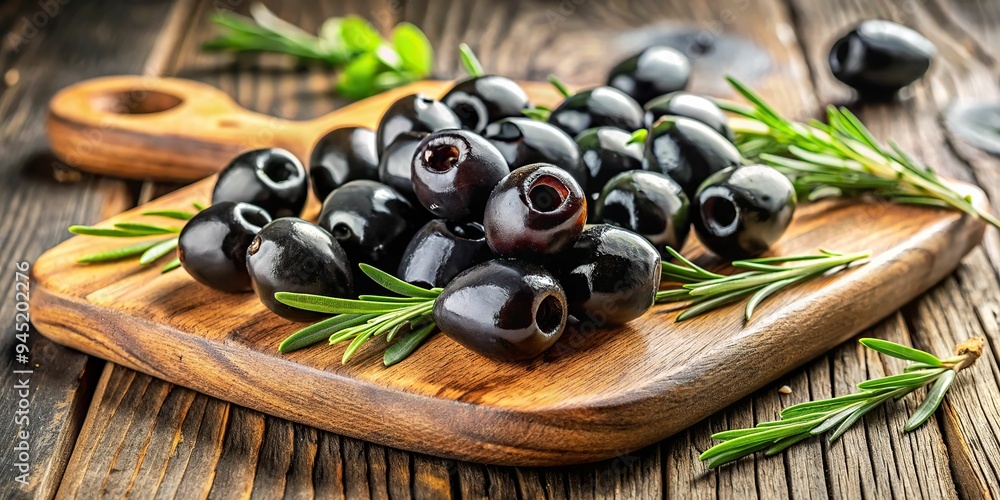 1. Freshly sliced black olives on a rustic wooden cutting board, scattered with fresh rosemary leaves, a realistic photo image. 1. Freshly sliced black olives on a rustic wooden cutting board, scattered with fresh rosemary leaves, a realistic photo image.