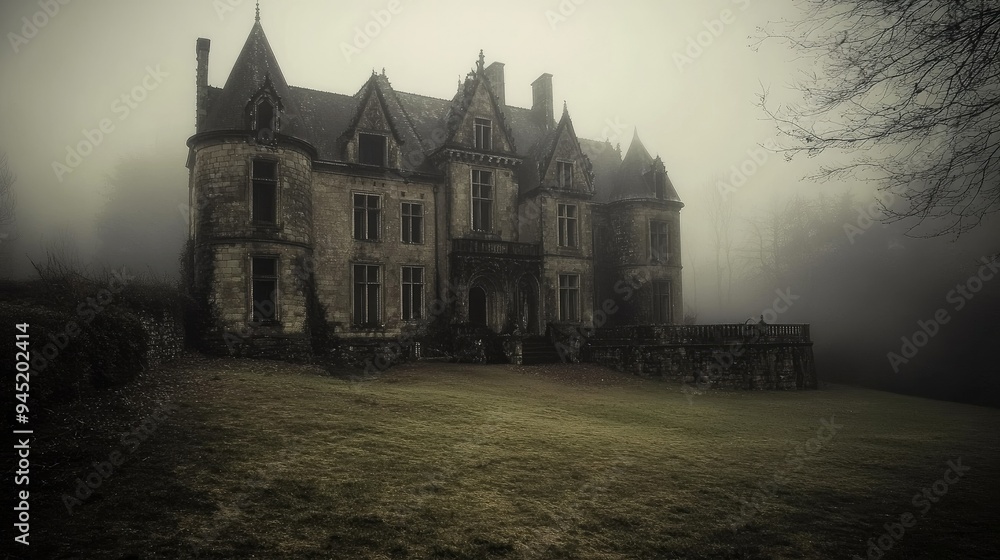 Spooky old gothic castle, foggy night, haunted mansion Spooky old gothic castle, foggy night, haunted mansion
