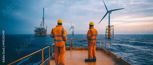 Wind turbine engineers carefully selecting appropriate blade materials to ensure the durability and longevity of offshore renewable energy installations in the open ocean photo