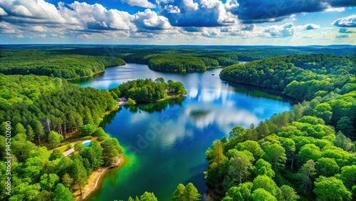 9. A scenic aerial view of a tranquil lake, surrounded by lush green forests, with a hint of Carolina Blue, a realistic photo image.