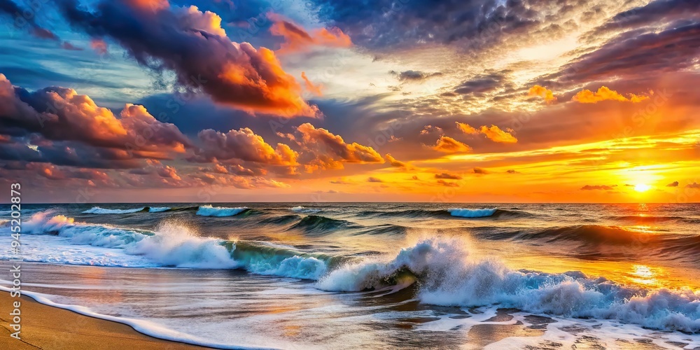 6. A stunning sunset over the Outer Banks, with waves crashing against the shore, a realistic photo image. 6. A stunning sunset over the Outer Banks, with waves crashing against the shore, a realistic photo image.