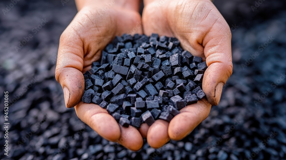 Hands hold small black cubes. Ideal for illustrating concepts of industrial production, mining, or recycled materials. Hands hold small black cubes. Ideal for illustrating concepts of industrial production, mining, or recycled materials.