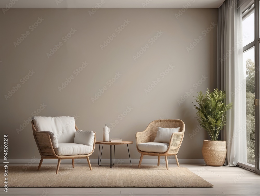 Minimalist Living Room with Wicker Chairs and Plant Minimalist Living Room with Wicker Chairs and Plant