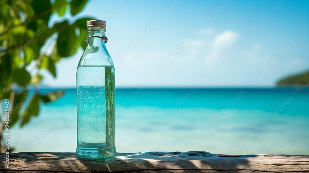 A glass bottle filled with water sits on a wooden surface against a serene ocean backdrop. A glass bottle filled with water sits on a wooden surface against a serene ocean backdrop.