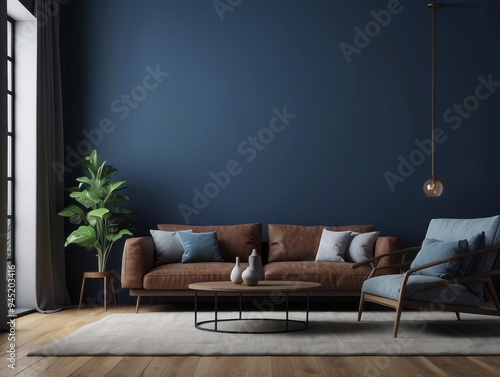 Minimalist Living Room with Blue Walls, Leather Sofa, and a Hanging Light