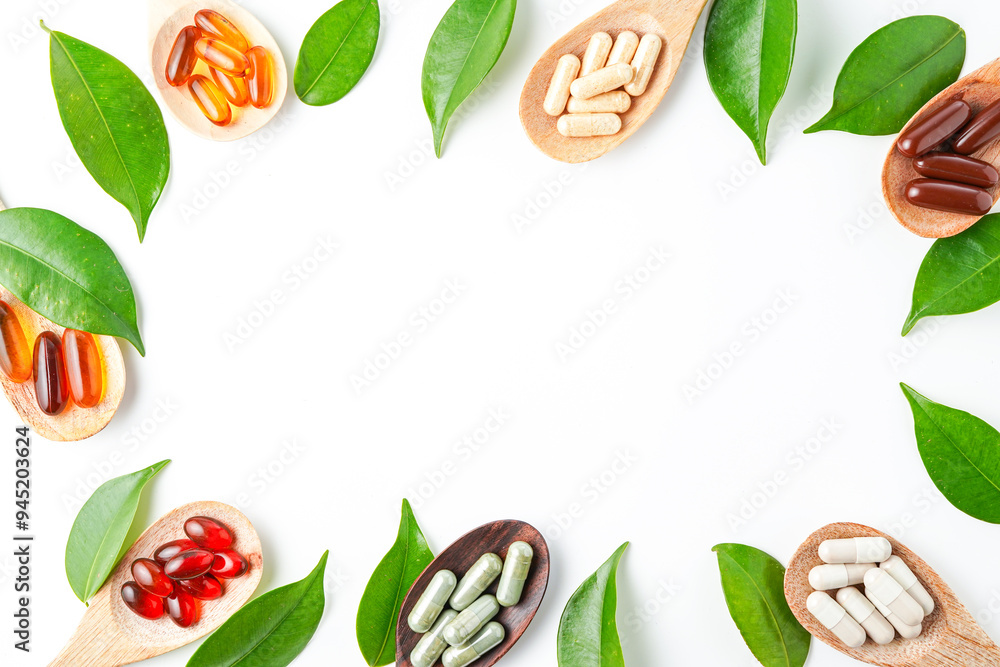 Top view Variety of vitamin and mineral pills in wooden spoon, Dietary supplement healthcare Top view Variety of vitamin and mineral pills in wooden spoon, Dietary supplement healthcare