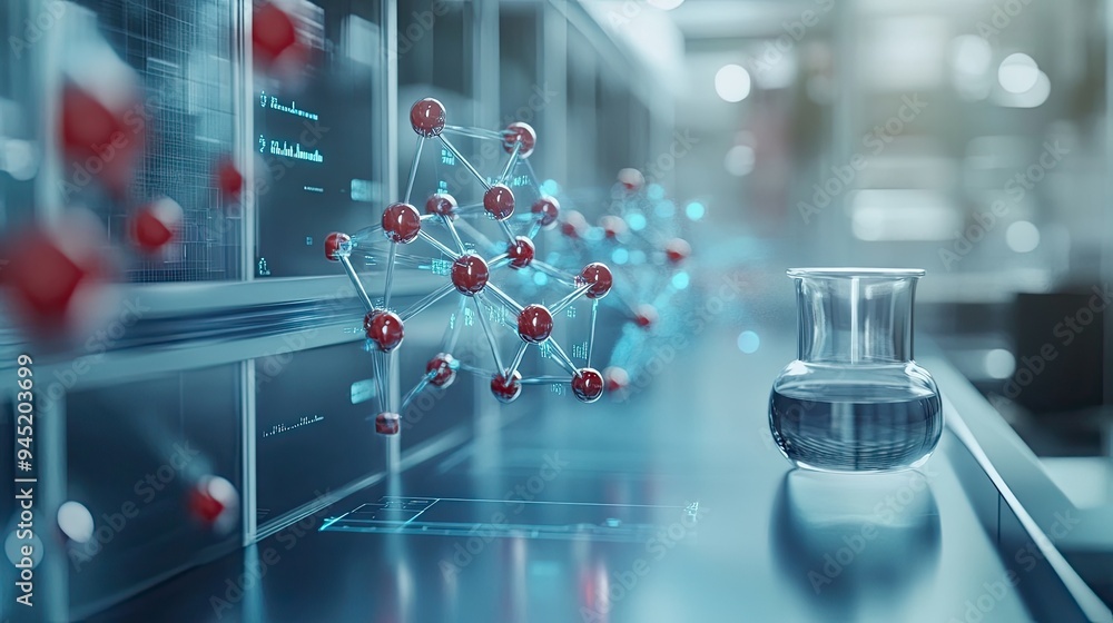 A beaker in a lab with molecular structure. A perfect photo for science, research, or laboratory projects. A beaker in a lab with molecular structure. A perfect photo for science, research, or laboratory projects.
