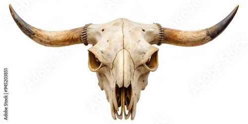 A majestic cow head skull with curved horns rises from a sea of white, its ridged bones and rugged texture telling the tale of a life well-lived.