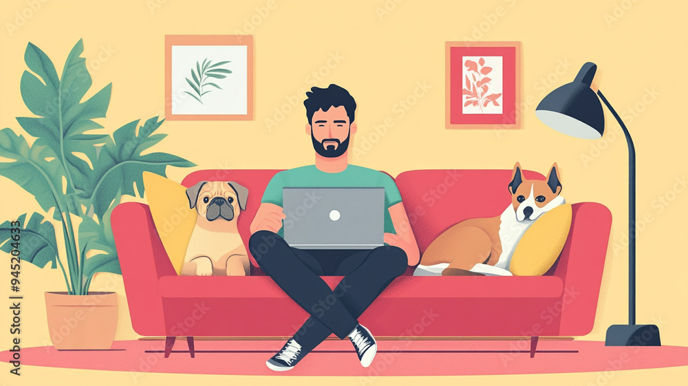 Fototapeta premium A man working on his laptop at home surrounded by his two dogs on a cozy couch in a bright, cheerful living room