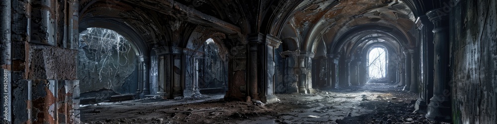 Naklejka premium Empty eerie room in a rundown old structure
