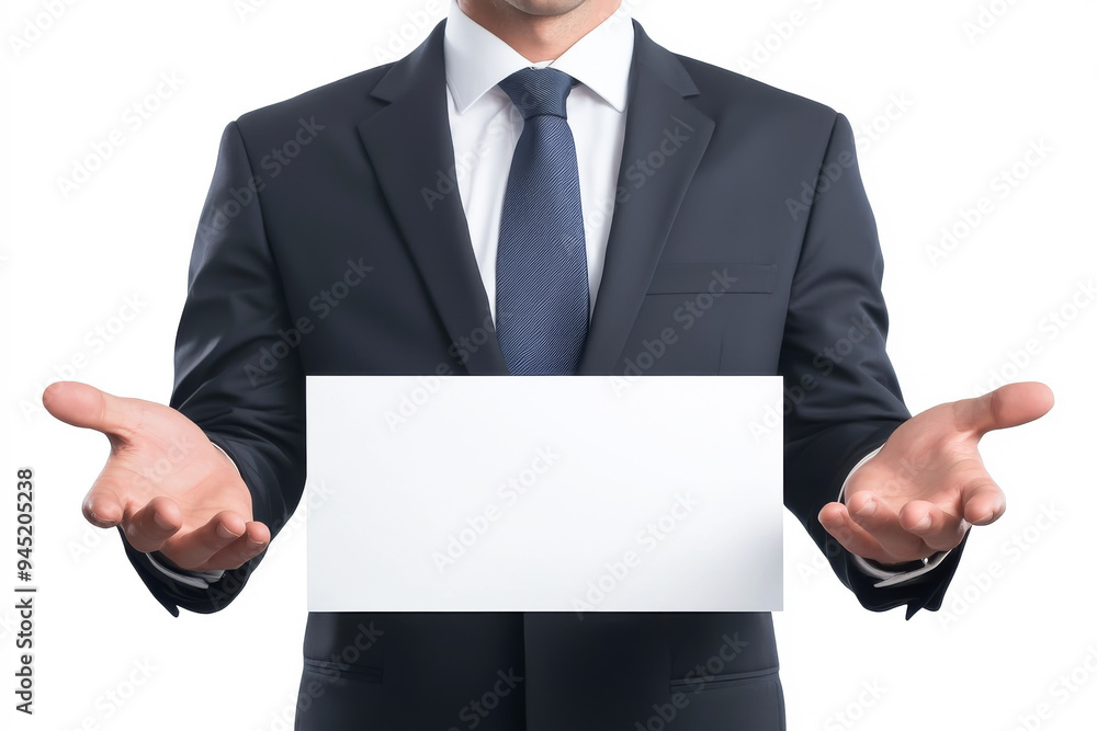 A businessman in formal attire presenting a blank sign with open hands. Ideal for advertisements, presentations, and marketing. A businessman in formal attire presenting a blank sign with open hands. Ideal for advertisements, presentations, and marketing.