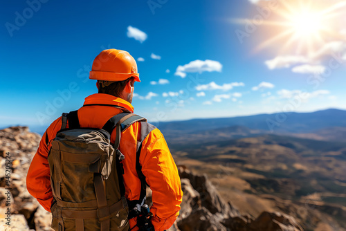 A climber in an orange jacket and hard hat gazes over a stunning mountain landscape under a clear blue sky.