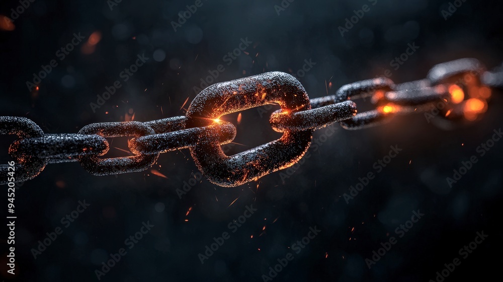 A close-up of a glowing, broken chain link amidst dark, smoky background. A close-up of a glowing, broken chain link amidst dark, smoky background.