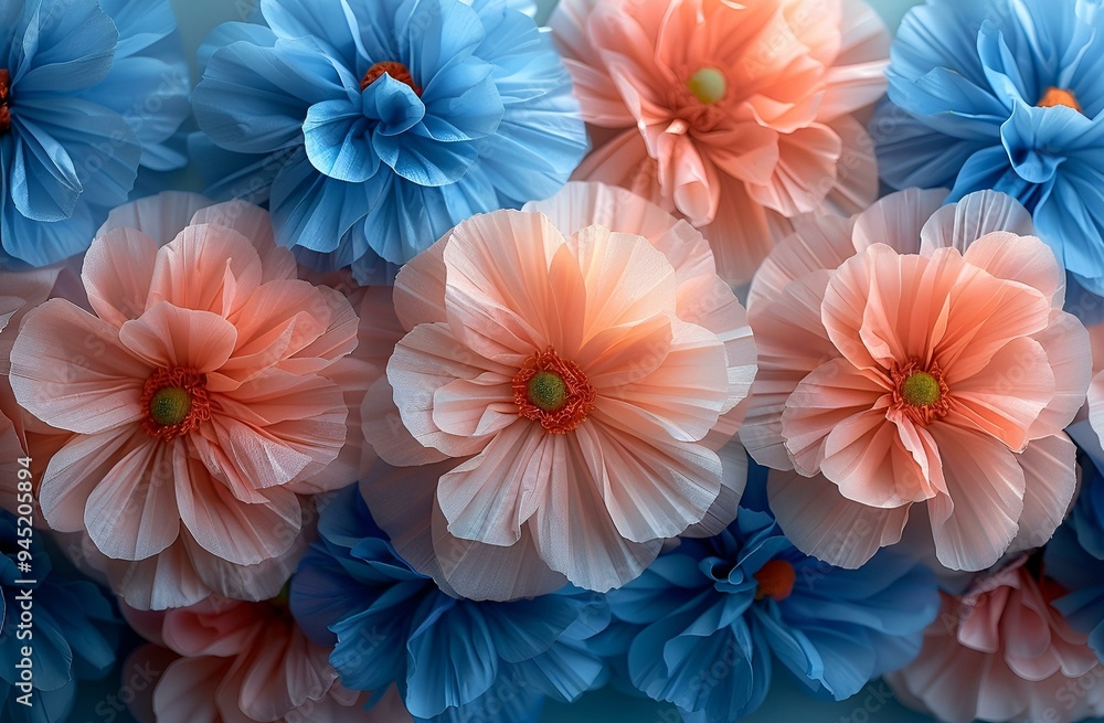 a group of flowers in blue and orange. a group of flowers in blue and orange.