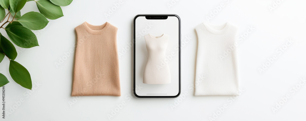 A minimalist display of three fabric garments beside a smartphone, showcasing modern fashion design with earthy tones. A minimalist display of three fabric garments beside a smartphone, showcasing modern fashion design with earthy tones.