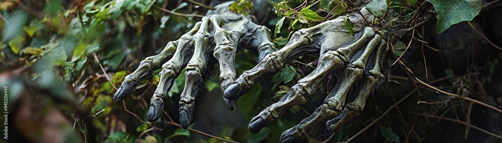 A pair of eerie, skeletal hands emerging from lush greenery, creating a spooky atmosphere. A pair of eerie, skeletal hands emerging from lush greenery, creating a spooky atmosphere.