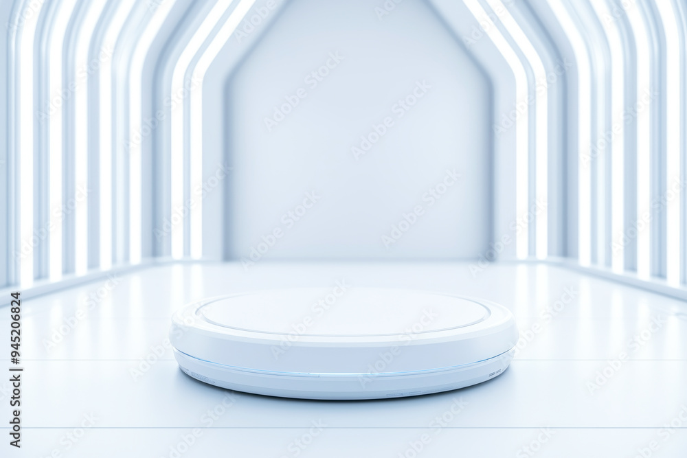 A modern, minimalistic showcase podium in a bright, futuristic setting with sleek white walls and glowing light accents. A modern, minimalistic showcase podium in a bright, futuristic setting with sleek white walls and glowing light accents.