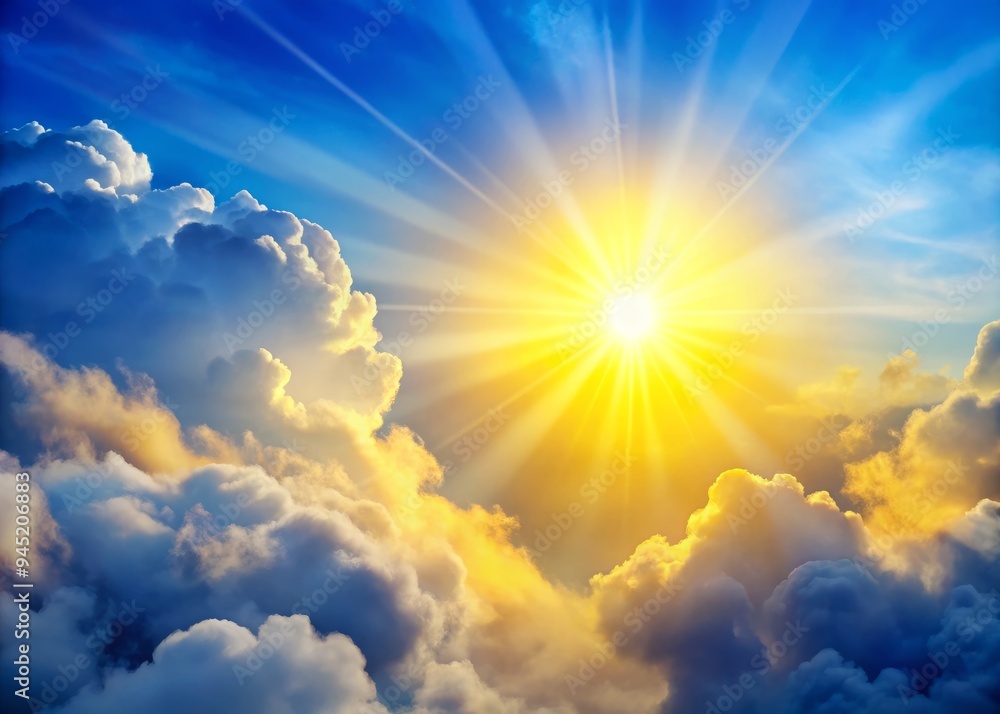 Fototapeta premium A brilliant yellow sun bursts through cottony white clouds, casting a warm glow over the pale blue sky.