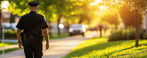 A police officer walking through a serene neighborhood during sunset, showcasing community safety and law enforcement.