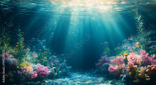 An Underwater Scene with Sunlight Filtering Through the Water, Illuminating the Ocean Depths with a Serene Glow, Featuring Marine Life, Coral Reefs, and a Tranquil Atmosphere, Perfect for Nature-Theme