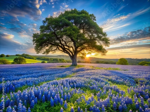 Wallpaper Mural Photo image of a vibrant bluebonnet field blooming beneath the stark silhouette of a Texas hill country oak tree Torontodigital.ca