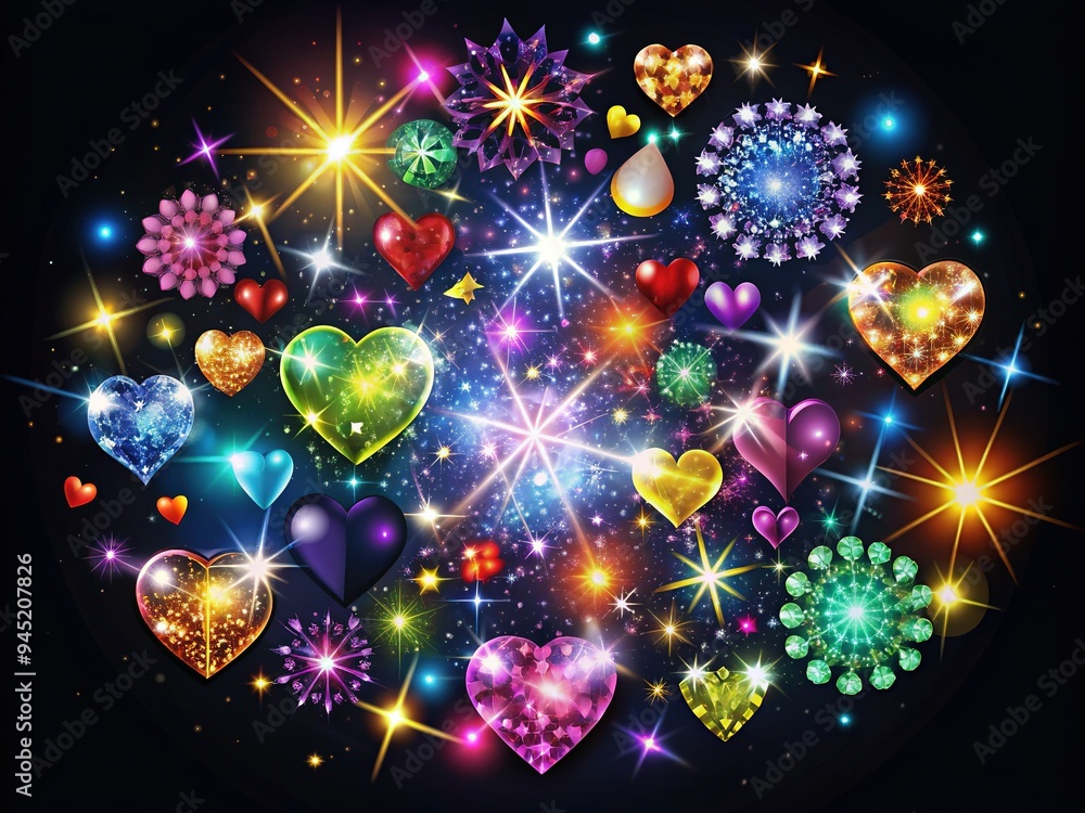 Colorful sparkling icons, including stars, hearts, and diamonds, scattered across a dark background, radiating a sense of luxury, glamour, and festive celebration. Colorful sparkling icons, including stars, hearts, and diamonds, scattered across a dark background, radiating a sense of luxury, glamour, and festive celebration.