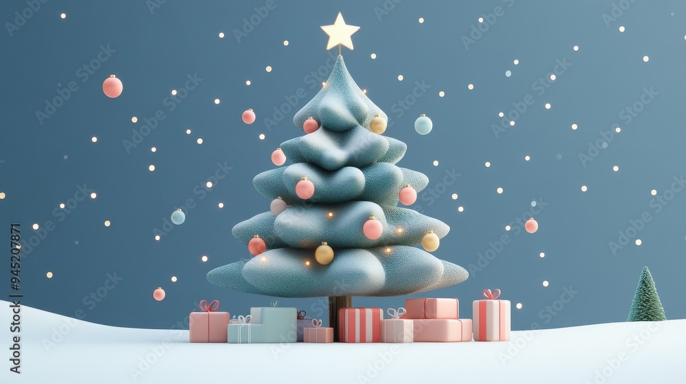 Obraz premium Festive christmas tree in a winter wonderland with presents and star decorations