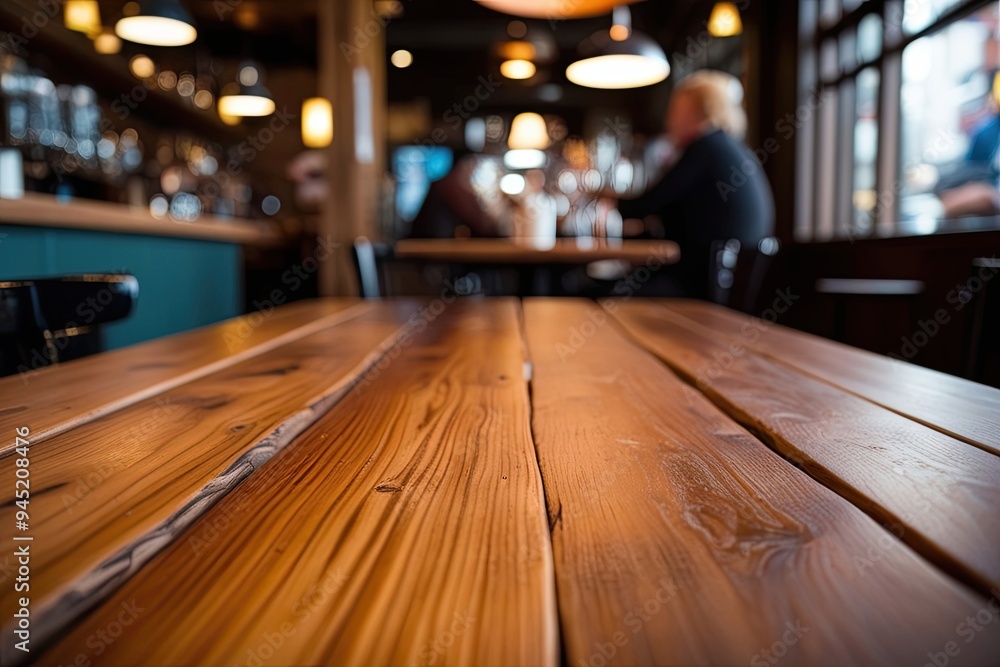 Close Up View of a Rustic Wooden Table in a Cozy Restaurant with Blurred Background Close Up View of a Rustic Wooden Table in a Cozy Restaurant with Blurred Background