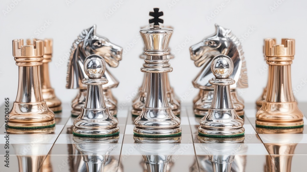 A chrome effect chess set with reflective pieces and a glossy board, chrome effect, chess set, glossy A chrome effect chess set with reflective pieces and a glossy board, chrome effect, chess set, glossy