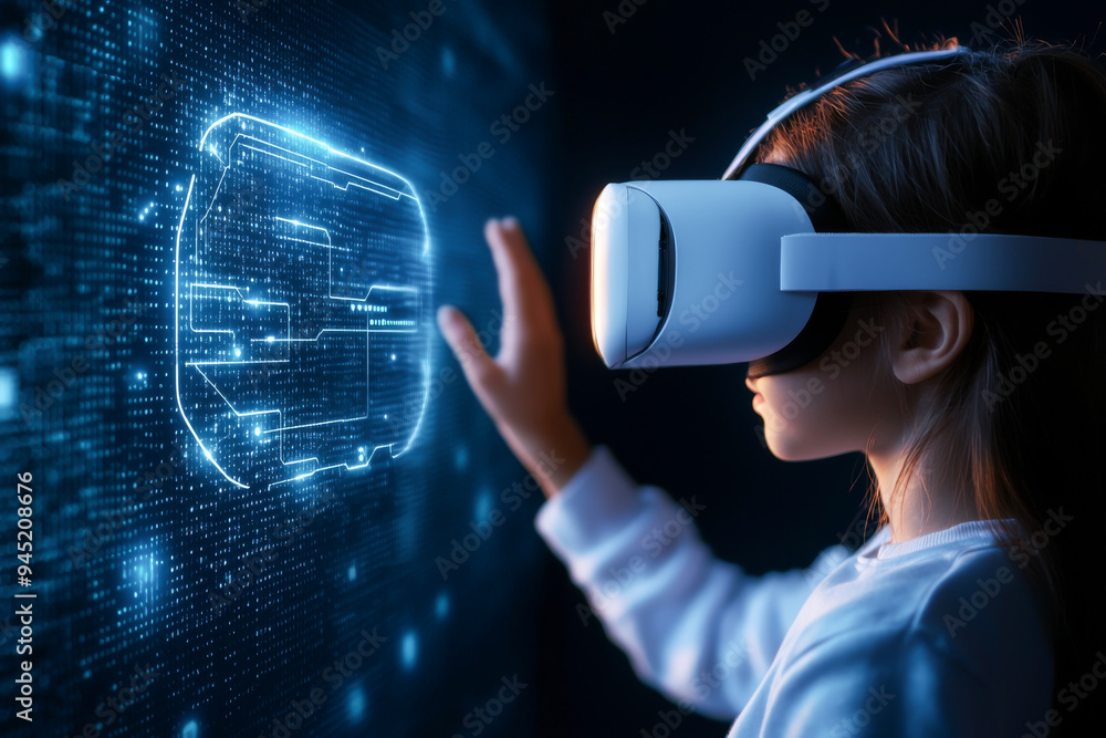 A young child immersed in virtual reality, reaching out to interact with a futuristic digital interface. A young child immersed in virtual reality, reaching out to interact with a futuristic digital interface.