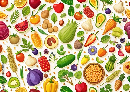 Colorful seamless pattern of various vegan food icons, including fruits, vegetables, legumes, and grains, on a bright white background with subtle texture.