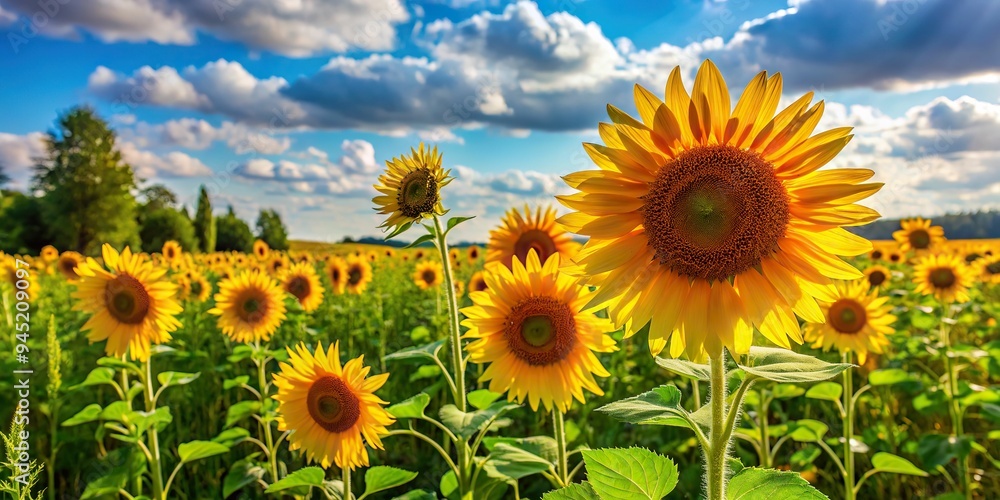 1. Vibrant cadmium yellow sunflowers swaying gently in a lush green meadow on a warm summer day, a realistic photo image. 1. Vibrant cadmium yellow sunflowers swaying gently in a lush green meadow on a warm summer day, a realistic photo image.