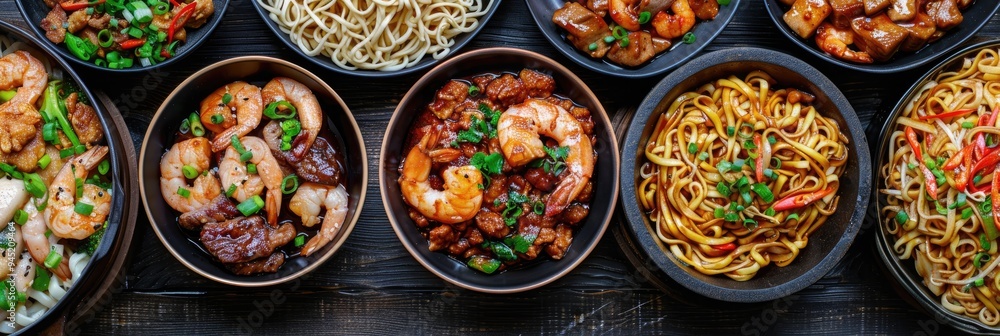 Chinese cuisine featuring black bean sauce noodles with minced beef, mushrooms, sweet and sour pork, deep-fried shrimp, and seafood. Chinese cuisine featuring black bean sauce noodles with minced beef, mushrooms, sweet and sour pork, deep-fried shrimp, and seafood.