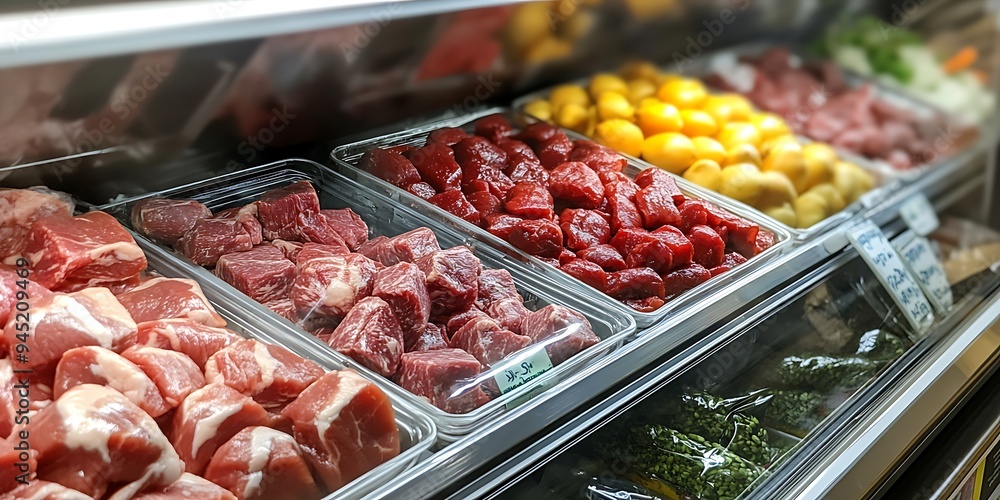 A markets refrigerated display case overflowing with rows of packaged meats, offering a variety of cuts and types. A markets refrigerated display case overflowing with rows of packaged meats, offering a variety of cuts and types.