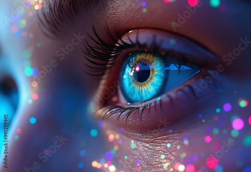 Looking into a human, close up of a woman's eye, skin shimmering with holographic sheen