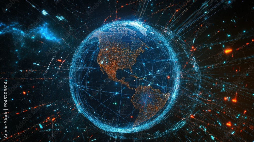 Obraz premium A digital globe with satellite orbits, illustrating global internet connectivity.