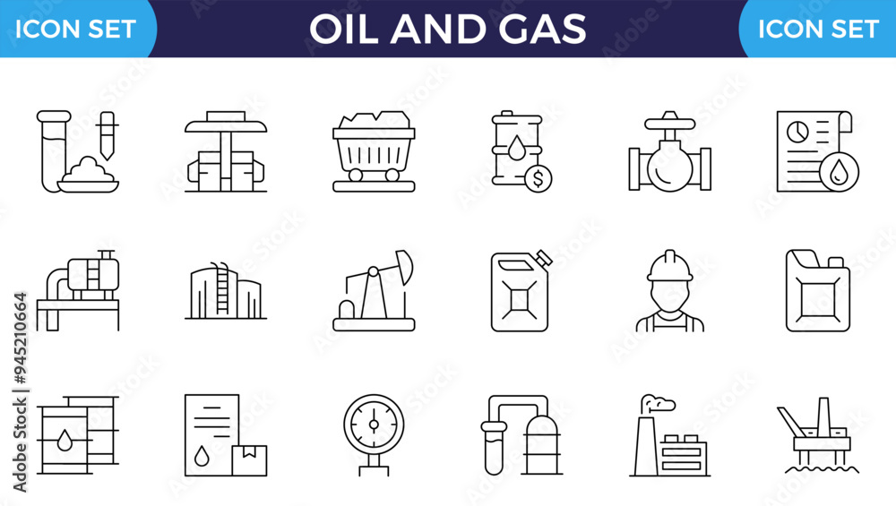 Vector set of oil and gas line icons. Contains icons oil well, gas ...