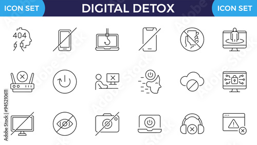 Digital detox web line icons. Switch off. tech detoxification. Editable stroke. Vector illustration