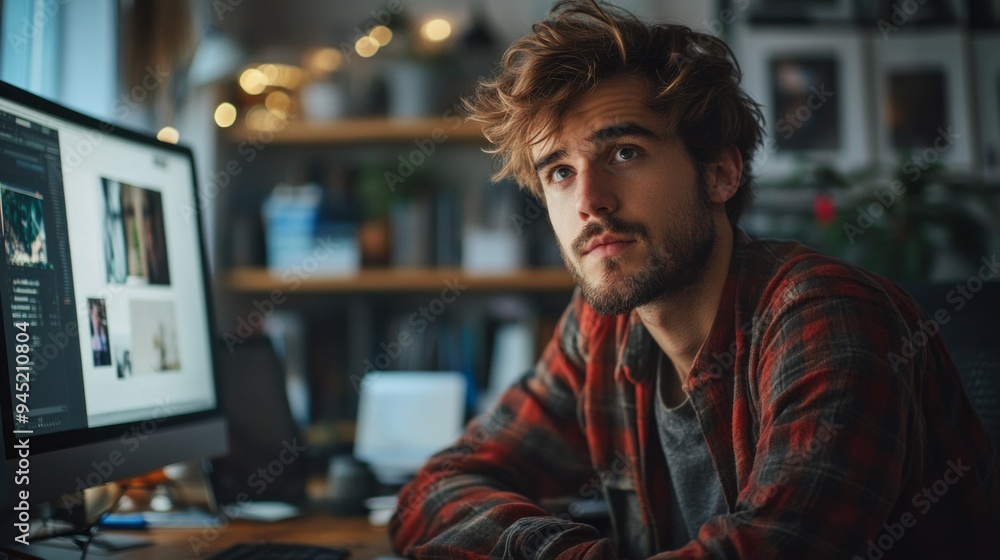 A man with a beard is sitting in front of a computer monitor A man with a beard is sitting in front of a computer monitor