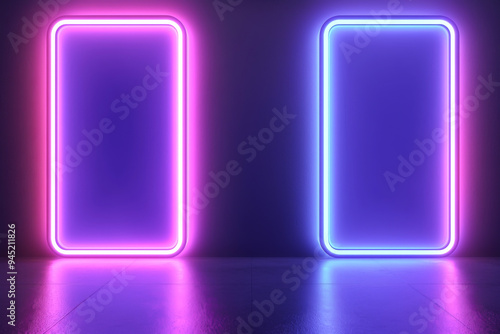 Vibrant neon light frames in pink and blue, creating a futuristic atmosphere with a glossy floor reflection.