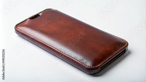 8. A sleek Cordovan leather phone case with subtle texture, placed on a minimalist white background, a realistic photo image.