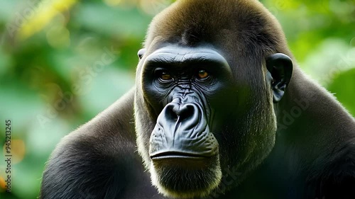 Portrait of a silverback gorilla sitting against a bokeh background. photo