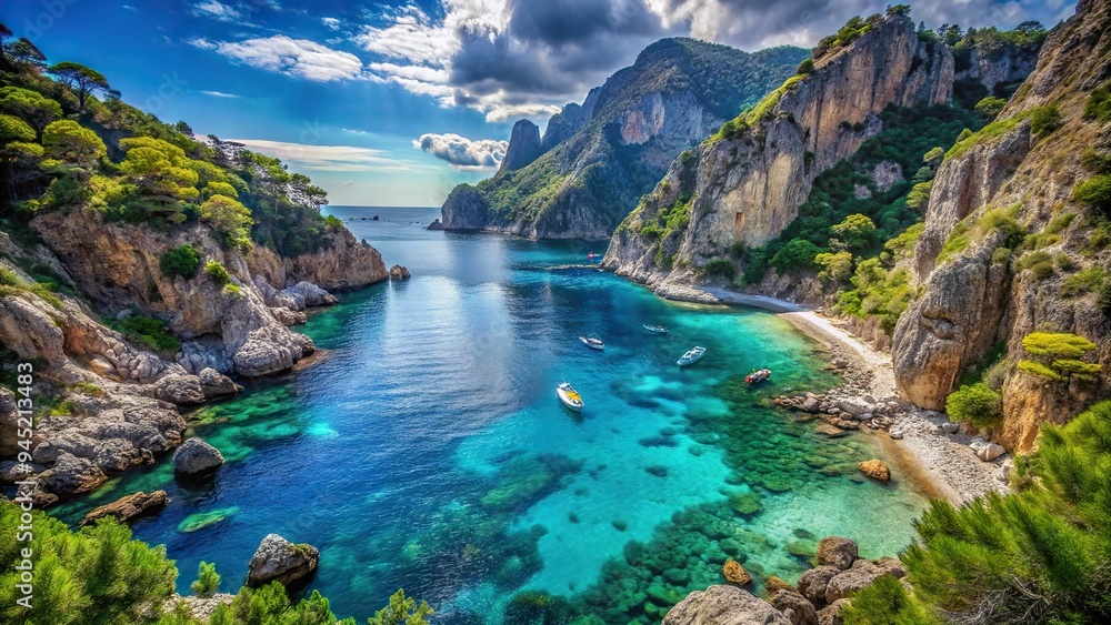 7. A picturesque, secluded cove on Capri's eastern coast is surrounded by towering cliffs and crystal-clear waters, a realistic photo image. 7. A picturesque, secluded cove on Capri's eastern coast is surrounded by towering cliffs and crystal-clear waters, a realistic photo image.